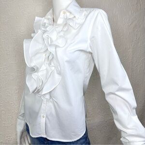 Lauren Ralph Lauren White Cotton Ruffle Front Button Down Shirt